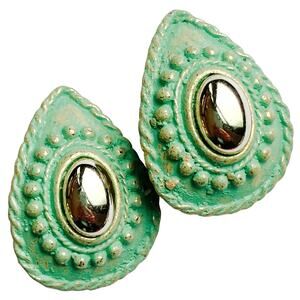 VTG 80s Mint Green Clip On Earrings Teardrop Reflective Metallic Cabochon Artsy